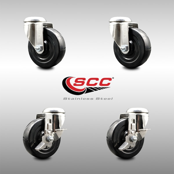 4 Inch 316SS Soft Rubber Wheel Swivel Bolt Hole Caster Brakes SCC, 2PK